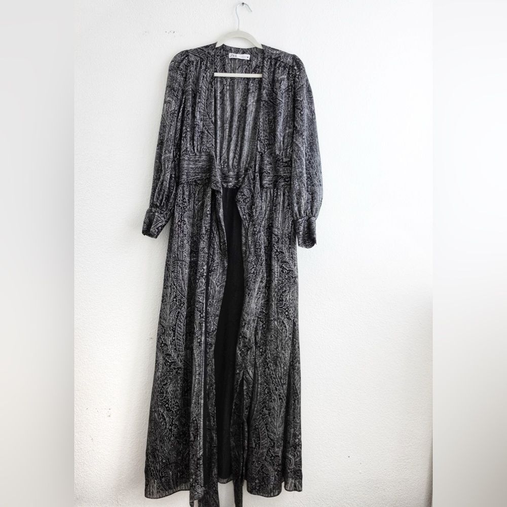 ZARA Paisley Print Grey/Black Maxi Tie Waste Dress Size S - Picture 5 of 14